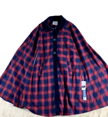 Court & Rowe Poncho Womens  Size Small Lined Blue Red Plaid Button Up NEW - Image 1 of 4