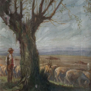 Schäfer mit Herde Pastorale Szene unleserlich sign gerahmt Öl auf Leinwand 20 Jh - Imagen 1 de 5