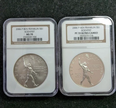 2 Coins Proof Mint Set 2006 P Ben Franklin $1 NGC MS70 PF70 Ultra Cameo Scien... - Image 1 of 4