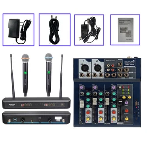 Micrófono de mano inalámbrico UHF de 2 canales con mini mezclador de estudio de 4 canales efectos mezcla de DJ - Imagen 1 de 12