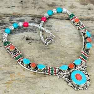 Turquoise & Red Coral 925 Sterling Silver Tibetan Necklace Boho Nepali Jewelry - Picture 1 of 4