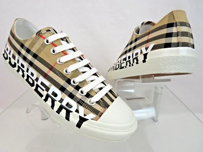 NIB BURBERRY LARKHALL BEIGE CHECK CANVAS LOGO WHITE CAP TOE UNISEX SNEAKERS 42 - Image 1 of 4