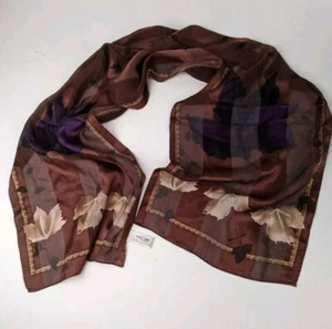 Oscar De La Renta Silk Scarf Brown Purple Leaf Print 100% Autumn Accessory - Picture 1 of 5