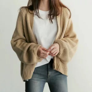Lady Knitted Cardigan Sweater Baggy Coat Jacket long Puff Sleeve Jumper Knitwear - Picture 1 of 15