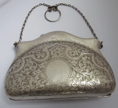 BEAUTFUL LARGE HEAVY ENGLISH ANTIQUE 1909 SOLID STERLING SILVER CHATELAINE PURSE - Imagem 1 de 4