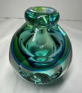 Vintage Sommerso Murano grün blau facettierte Kunstglas Vase Kerzenhalter - Bild 1 von 9