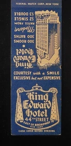 1940s FEDERAL MATCH King Edward Hotel 300 Baths 44th Street East of Broadway New York - Foto 1 di 2