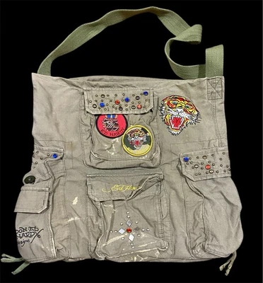 Ed Hardy Biker Messenger Shoulder Bag Olive Green Patches Pockets Distressed - Image 1 of 4