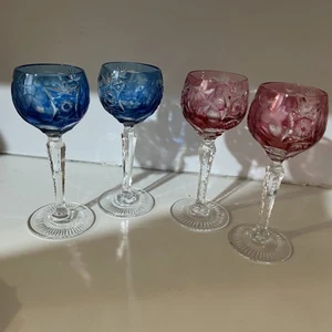 Vtg Set of 4 Bohemian 2red & 2 blue Cut-to-Clear Crystal Cordial Glasses 3oz. - Picture 1 of 5