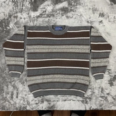 VTG 90s John Ashford Striped Grandpa Sweater MEDIUM Brown Gray White Preppy - Image 1 of 4