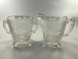 Antiguo JUEGO DE AZÚCAR Y CREMA EAPG VASO DE SÍLEX COOPERATIVO "FLORAL / MACETA" - Imagen 1 de 7