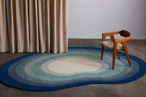 Hand tufted rug kidney shape irregular area rug modern custom wool Blue rugs