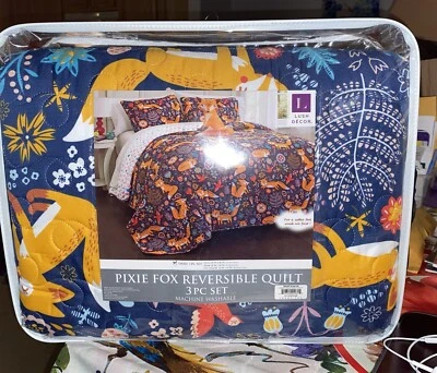  Juego de edredón reversible Pixie Fox, juego de 3 piezas y naranja - juegos de cama doble azul marino Foto 1 de 3