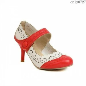 Damenschuhe Kätzchen Stilettoabsatz Mary Jane Cut-Out geschnitzt Slipper Prinzessin neu - Bild 1 von 23