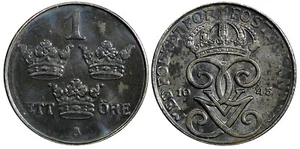Sweden Gustaf V Iron 1945 1 Öre WWII ISSUE Choice Unc  KM# 810 (21 878) - Picture 1 of 3