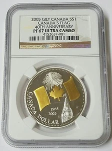 2005 Gilt Canada $1 Silver Canada's Flag 40th Anniversary NGC PF67 Ultra Cameo - Picture 1 of 2