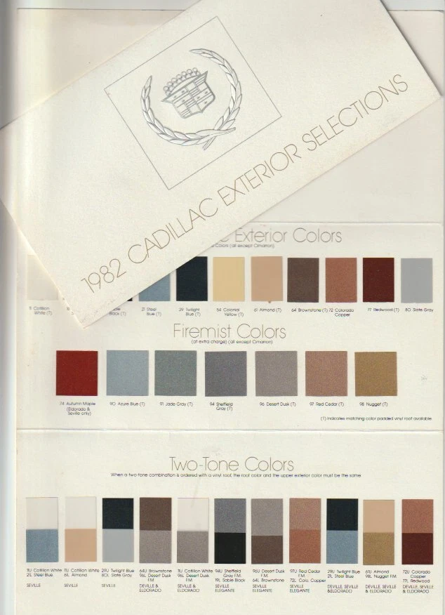 1982 CADILLAC Colour Chart COUPE & SEDAN DE VILLE FLEETWOOD ELDORADO SEVILLE - image 1 of 1