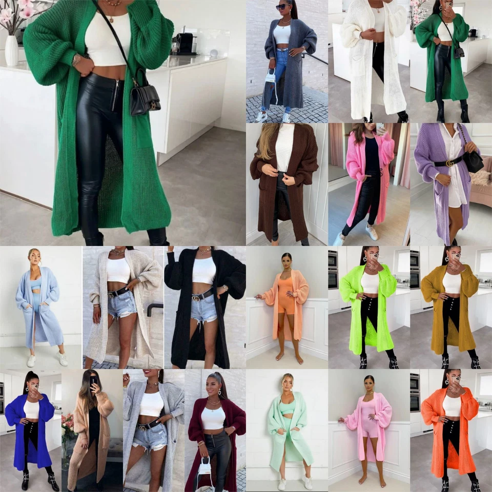 Women Chunky Knitted Oversized Cardigan Ladies Balloon Sleeve Long Maxi Cardigan - Image 1 of 1