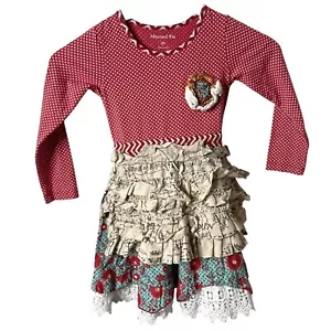 Mustard Pie Girls Red Polka Dot Floral Ruffle Apron Dress Long Sleeve Size 3T - Picture 1 of 6