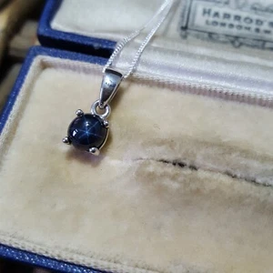 925 Sterling Silver Necklace, Natural Star Sapphire Pendant, Minimalist - Picture 1 of 8