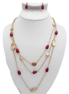 Pierced antique gold chain and red bead three strand necklace and earring set - Picture 1 of 4