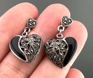 Vintage Heart Earrings Sterling Silver Onyx Marcasite Dangle Drop Dainty READ - Picture 1 of 13