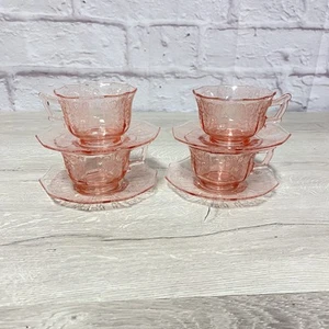 Cambridge Pink Depression Glass Decagon 8pc Cup & Saucer Set Vtg - Picture 1 of 19