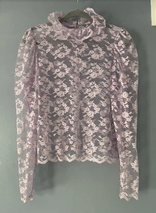 Vintage Floral Sheer Lace Purple Top Blouse Puff Sleeve High Neck S/M - Picture 1 of 11