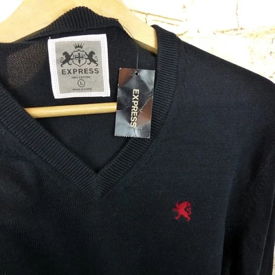 VTG Express Sweater Men L Black V-neck Lion Crest Logo Cotton Preppy Y2K NWT - Image 1 of 4
