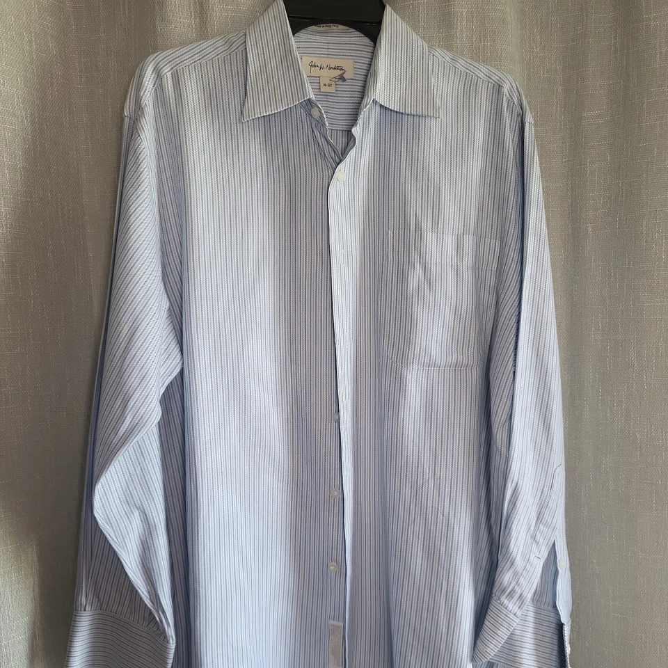 John Nordstrom Shirt Men 16-32 White/Blue Stripped Long Sleeve Dress Slim - Image 1 of 4