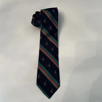 Corbata de seda vintage Lands End Mallard Duck verde azul rojo marrón a rayas Foto 1 de 4