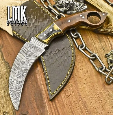 LMK Custom Forged Karambit Knife Twist Damascus Walnut Wood Wooden Bolster EDC - Image 1 of 4