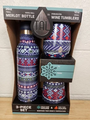 TAL 3-Piece Stainless Steel Set Merlot Bottle 26 oz & 2 Wine Tumblers 12 oz New - Image 1 of 4