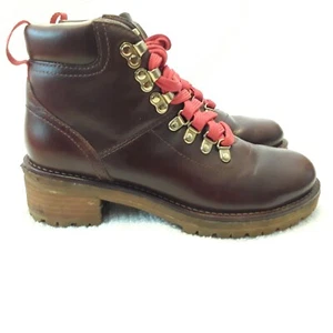 Tory Burch Leather Ankle Booties Boots Lug Chunky 7 Lace-Up Heel Gold Hardware - Picture 1 of 23