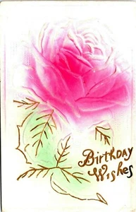 Geburtstagswünsche erhabene Textur Rose Blume geschrieben geteilt hinten Vintage Postkarte - Bild 1 von 3