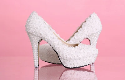 Lace white ivory crystal Wedding shoes Bridal flats low high heel pump size 5-12 - Image 1 of 4