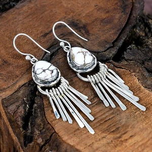 For Her Wild Horse Turquoise Gemstone Sterling Silver Dangle/Drop Earrings 2.70" - Picture 1 of 6