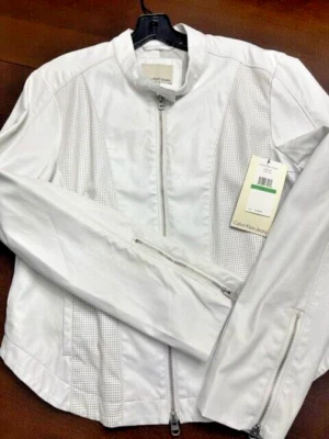 Calvin Klein White Perforated Moto Blazer Jacket Women's Sz LARGE $148 NWT - Image 1 of 4