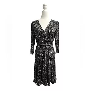 Leota Perfect Wrap Ruffle Knee Length Dress Grey Gray Leopard Medium NWT - Picture 1 of 7