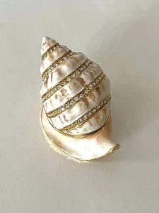 Vintage ENAMEL OYSTER SHELL Hinged Trinket Box with Rhinestones Exquisite - Picture 1 of 8