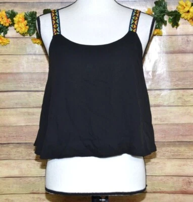 Vintage Havana Ladies Sheer Black Cropped Tank Top Size L Aztec Straps - Image 1 of 4