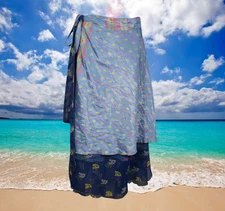 Women Blue Handmade Floral skirt,Recycled Sari Silk Wrap Skirt,Bohemian One Size