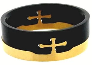 Black and Gold Plated Unisex TITANIUM 2-part PUZZLE Cross RING, size 10 - NEW - Picture 1 of 4