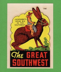VINTAGE ORIGINAL 1955 "THE GREAT SOUTHWEST" JACKRABBITS TRAVEL DECAL ART NICE - Picture 1 of 1