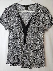Susan Lawrence Women's Small Blouse Stretch Layered Short Sleeve V Neck Floral - Picture 1 of 11