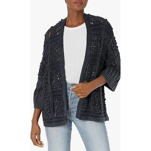 New! Lucky Brand Size M navy Crochet Cardigan Dark Denim Acid Wash Bauble Open - Picture 1 of 14