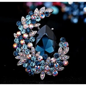 Dark Blue Glass Brooch with A/B Iridescent Crystals - Picture 1 of 2