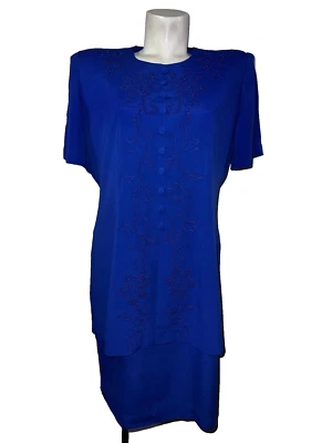 Новый Karin Stevens женщин размер 14 винтажный 90-х синий вышивка бисер падение талии платье - Изображение 1 из 4