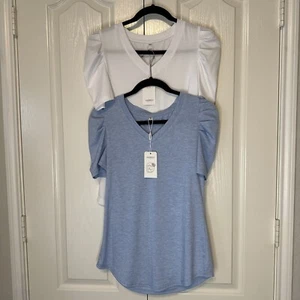 XIEERDUO Womens Summer Shirt V Neck Casual Tshirts Puff Sleeve Tops 2 Pieces New - Picture 1 of 17