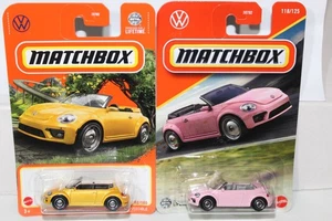 MATCHBOX #52 and #118 2019 Volkswagen Beetle Convertible Yellow & Pink Set of 2 - Picture 1 of 3